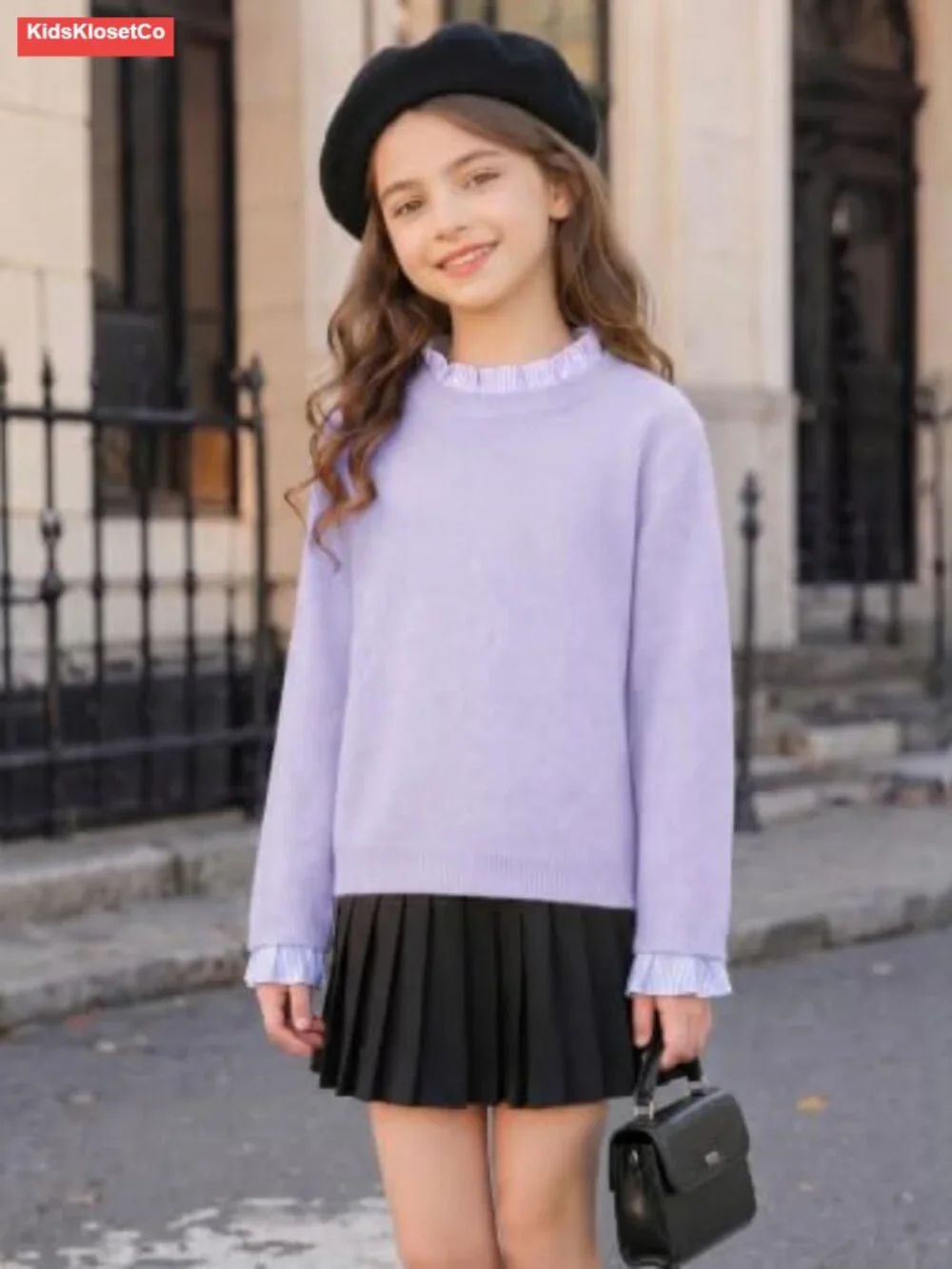 Girls Ruffle Trim Knit Pullover Sweater Long Sleeve Cute Layered Look
